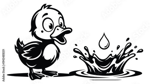 Cartoon illustration of a surprised duckling depicting a water splash for children and animal themed design