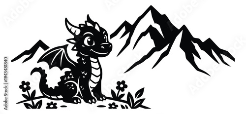 Cartoon silhouette illustration of a cute baby dragon sitting among flowers depicting a fantasy creature with mountains for children and game design
