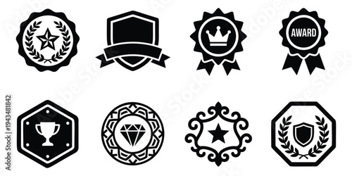 Flat icon set of 8 award and achievement badges featuring crown, trophy, diamond and shield emblems for recognition design