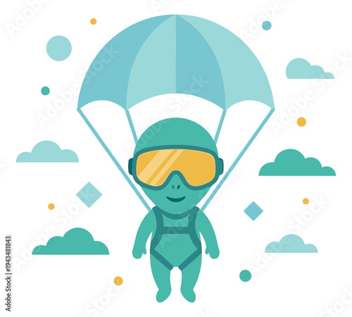 Flat illustration of a cartoon skydiver depicting a cheerful character parachuting through clouds for adventure and sports design