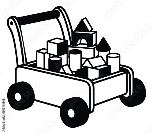 Cartoon illustration of a toy wagon depicting a wooden cart filled with building blocks for children and nursery design