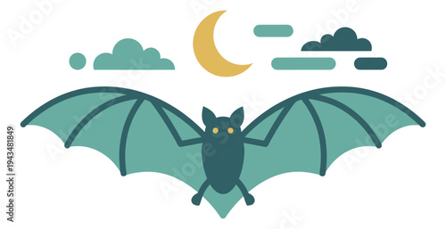 Flat illustration of a flying bat depicting a nocturnal creature with moon and clouds for Halloween design