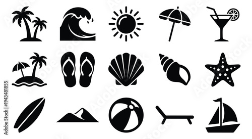 Silhouette icon set of 15 summer beach symbols featuring palm trees, waves, shells and tropical vacation elements for travel design