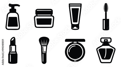 Silhouette icon set of 8 beauty and cosmetics symbols featuring makeup tools and skincare products for fashion design