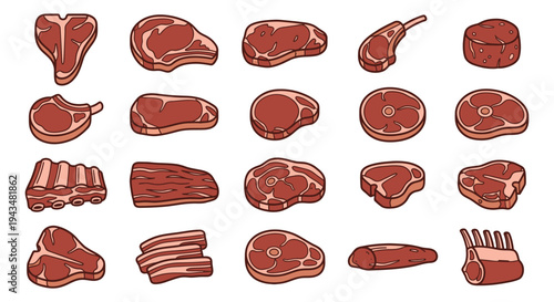 Cartoon icon set of 20 raw meat cuts featuring steak, ribs, chops and roast pieces for butcher and food design