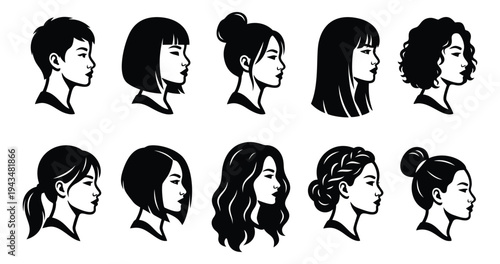 Silhouette icon set of 10 women profiles featuring diverse hairstyles and side view portraits for beauty and fashion design