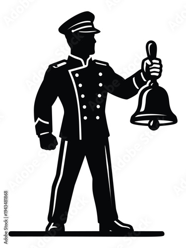 Silhouette illustration of a uniformed bellman depicting a conductor ringing a bell for transport and hospitality design