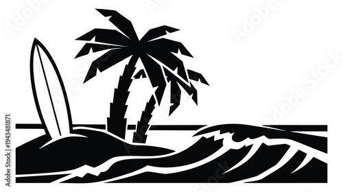 Silhouette illustration of tropical beach scene depicting palm trees surfboard and ocean waves for summer travel design