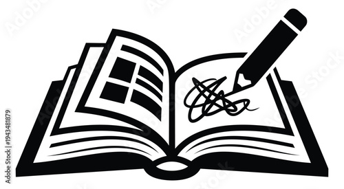 Silhouette illustration of an open book with pencil depicting writing and journaling for education and publishing design