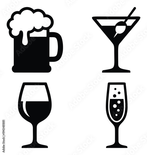 Silhouette icon set of 4 alcoholic drinks featuring beer mug, martini glass, wine glass and champagne flute for bar and restaurant design