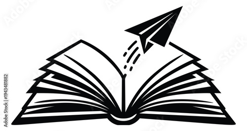 Bold outline illustration of open book with paper airplane depicting knowledge and creativity for education design