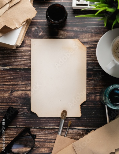 Overhead view of an artist's messy wooden desk with blank paper and art supplies in natural light