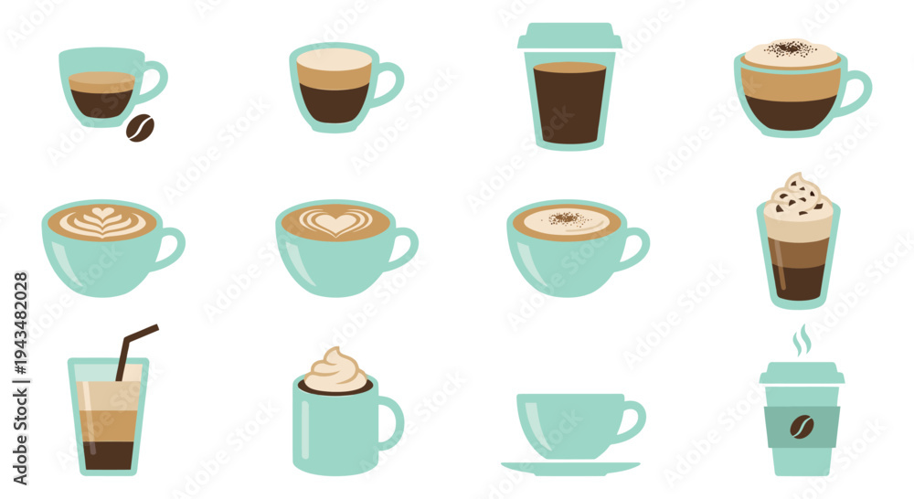 Fototapeta premium Flat icon set of 12 coffee drinks featuring espresso, latte, cappuccino and iced beverages for cafe menu design