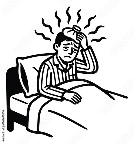 Cartoon illustration of sick man in bed depicting fever and illness symptoms for healthcare and medical design