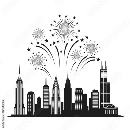 Fireworks exploding over city skyline at night.