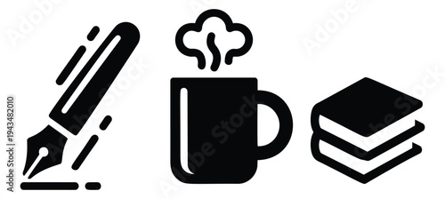 Silhouette icon set of 3 featuring fountain pen, hot coffee mug and stacked books for education and lifestyle design