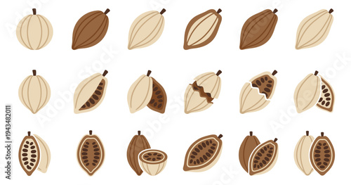 Flat icon set of 18 cacao pods featuring whole, halved and cross section views for food and chocolate design