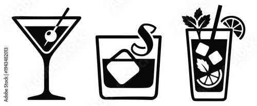 Silhouette icon set of 3 cocktail glasses featuring martini, whiskey on the rocks and long drink for bar and beverage design
