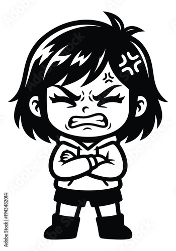 Cartoon illustration of angry child depicting frustrated expression with crossed arms for character and emoji design