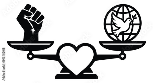 Flat silhouette illustration of balance scale with raised fist dove and globe depicting justice and peace concept for social activism design