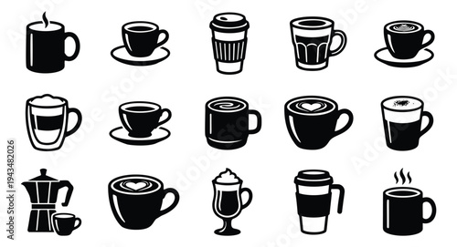 Silhouette icon set of 15 coffee and beverage symbols featuring mugs, cups, espresso and latte designs for cafe and menu use
