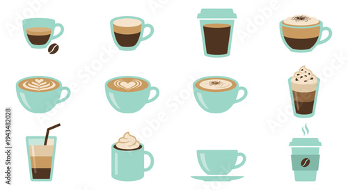 Flat icon set of 12 coffee drinks featuring espresso, latte, cappuccino and iced beverages for cafe menu design