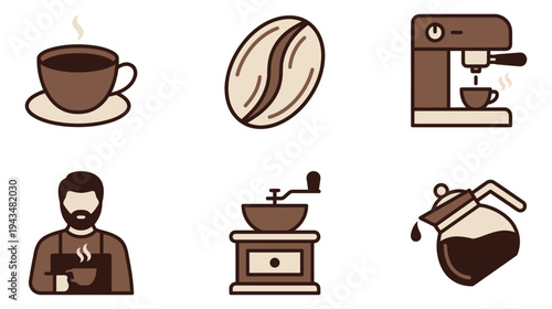 Flat icon set of 6 coffee theme symbols featuring cup, bean, espresso machine, barista, grinder and pot for cafe design