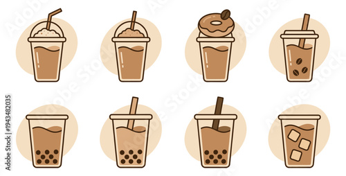 Cartoon icon set of 8 coffee and bubble tea drinks featuring iced beverages, boba cups and café drink varieties for food and beverage design