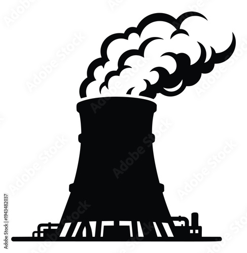 Silhouette illustration of nuclear power plant depicting cooling tower with steam cloud for energy and industry design