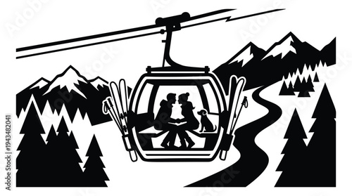 Silhouette illustration of a couple with dog riding a ski gondola depicting mountain winter vacation for travel and recreation design