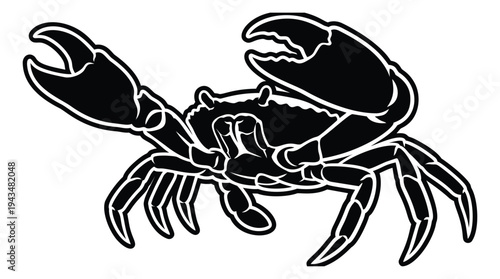 Woodcut illustration of a crab depicting bold black silhouette with detailed claws for seafood and nautical design