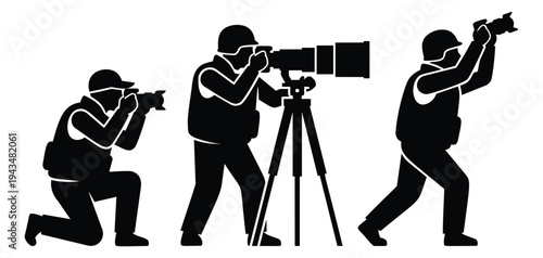 Silhouette illustration set of 3 photographers depicting different shooting poses with cameras and tripod for media and journalism design