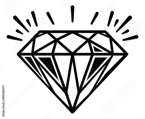 Bold outline illustration of a shining diamond depicting faceted gemstone with sparkle rays for luxury and jewelry design