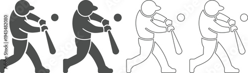 A collection of four stylized vector illustrations of a baseball player swinging a bat at a ball wit.eps

