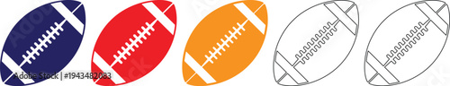 A collection of five American footballs in various colors and styles including solid blue red and orange as well as outlined black and white versions isolated on a white background representing sport 
