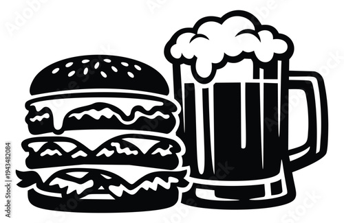 Bold cartoon illustration of burger and beer mug depicting classic pub food pairing for restaurant and bar design