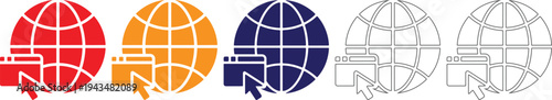 A collection of stylized globes representing global connectivity and the internet browser icon signifying online access in red orange blue and outline versions perfect for web design themes