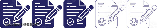 A comprehensive set of modern flat and outline vector icons illustrating essential document editing and approval processes featuring distinct paper sheets with text lines pencils actively writing and 