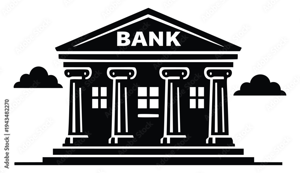 Obraz premium Silhouette illustration of a classical bank building depicting columned architecture and pediment for finance and business design