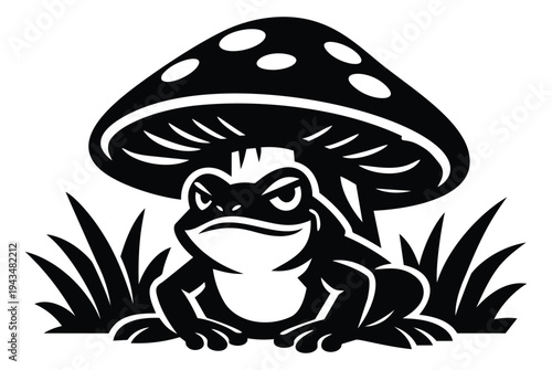 Cartoon silhouette illustration of a grumpy frog sitting under a spotted mushroom depicting a moody toad character for nature and wildlife design