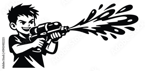 Cartoon illustration of a boy shooting a water gun depicting playful summer fun for kids and party design