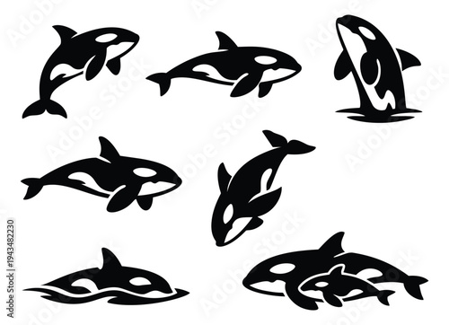 Silhouette icon set of 7 killer whales featuring orca poses including jumping, swimming and breaching for marine design