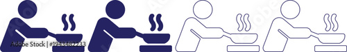 Set of two simple stick figure icons depicting cooking on a stove with steam rising from a pan shown in solid blue and outlined blue styles against a clean white backdrop symbolizing kitchen activitie