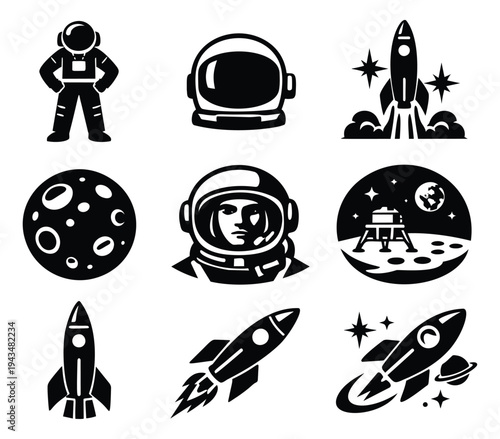 Silhouette icon set of 9 space exploration symbols featuring astronaut, rocket, moon and lunar lander for astronomy design