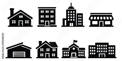 Silhouette icon set of 8 buildings featuring house, apartment, skyscraper, store, garage, school and office for real estate design