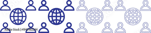 Stylized representation of global connectivity and human connection showing multiple simplified person icons surrounding and interacting with earth globes in a continuous seamless pattern suitable for