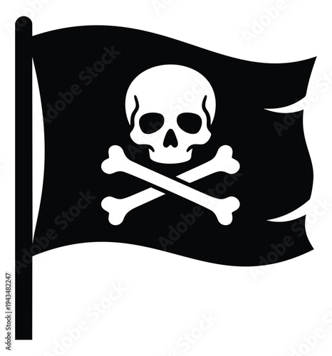 Flat silhouette illustration of a pirate flag depicting skull and crossbones symbol for nautical and adventure design