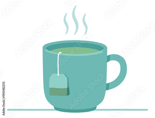 Flat illustration of a steaming green tea mug depicting a hot beverage with tea bag for food and drink design