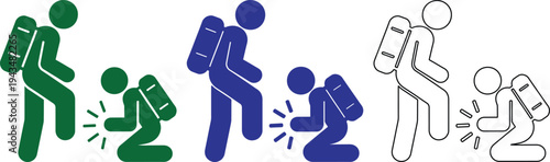 Three simplified figures with backpacks depicted in a clear graphic style showing one figure standing and the other kneeling in front representing interactions or concepts like assistance support or s