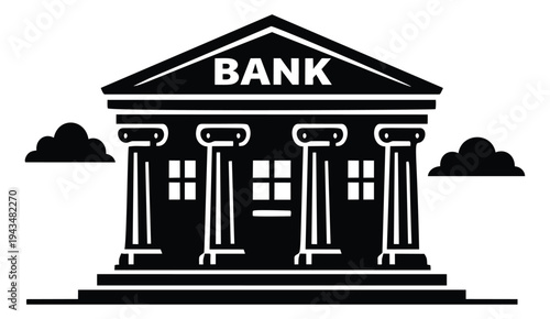 Silhouette illustration of a classical bank building depicting columned architecture and pediment for finance and business design